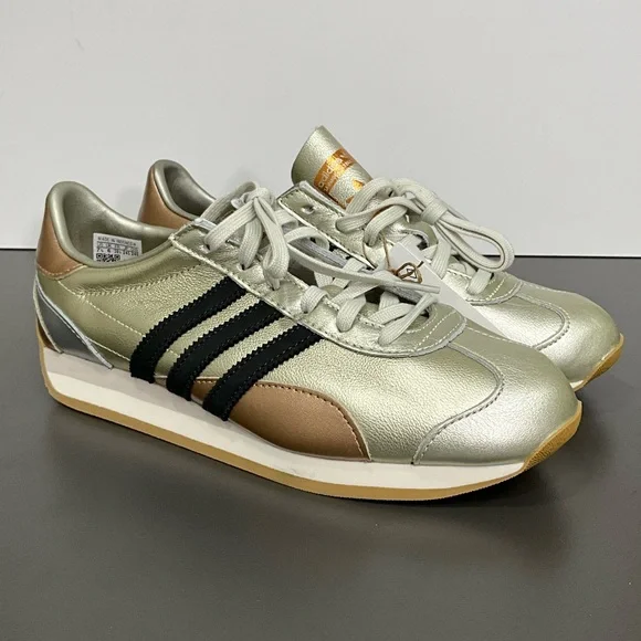 ADIDAS Metallic Silver Rose Gold Black Stripe Sneakers Women’s 7.5 - Picture 2 of 5